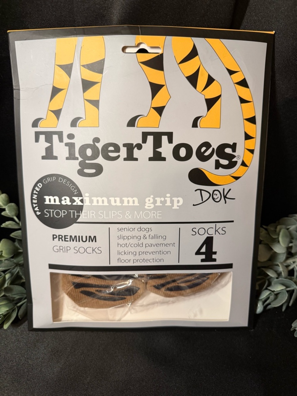Brown Tiger-Striped Premium Grip Dog Socks - 4 Pack